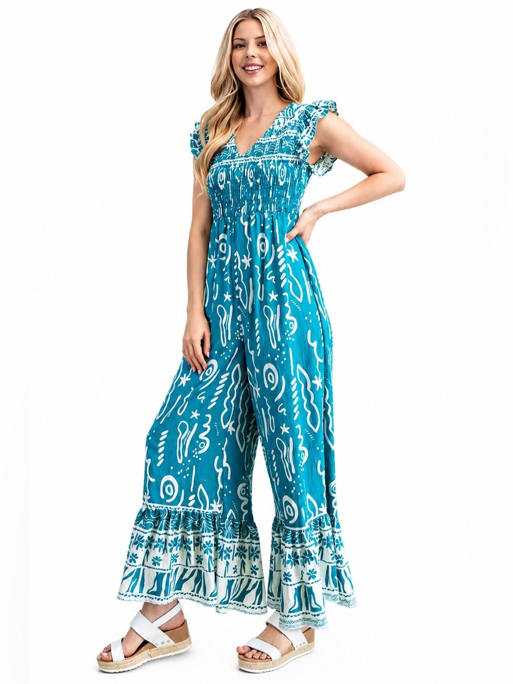 Green Printed Smocked-Waist Wide-Leg Jumpsuit Medium NEW
